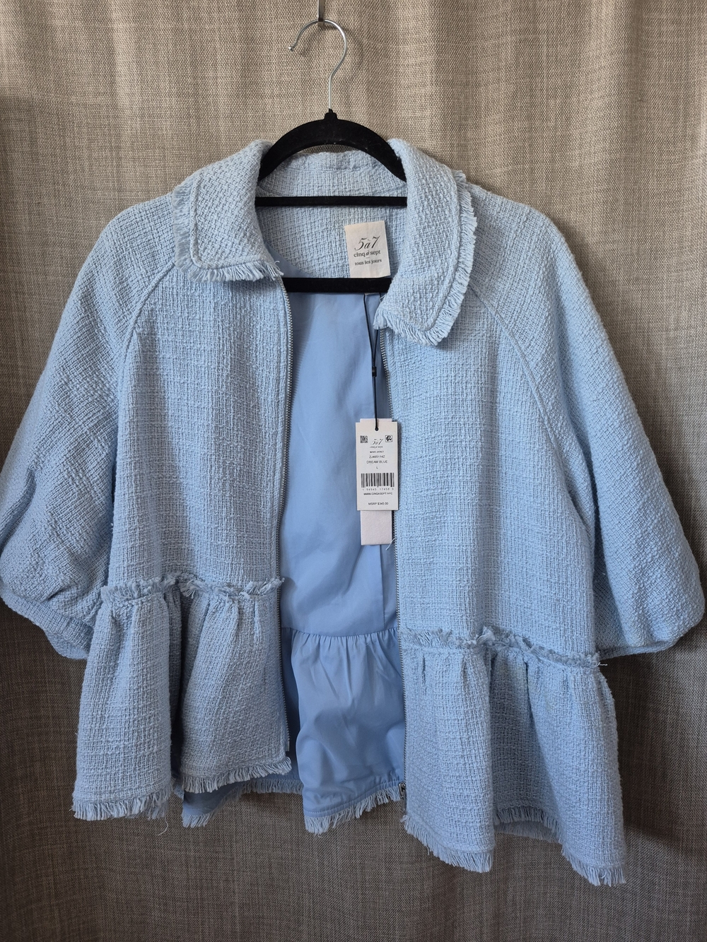 Cinq a Sept Dream Blue Textured Fringe Jacket